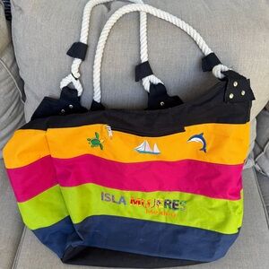 Colorful Striped Tote Bag with Nautical Embroidery, says “Isla Mujeres Mexico”